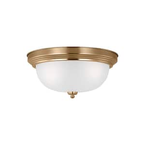 Geary 14.5 in. 3-Light Satin Brass Traditional Contemporary Ceiling Flush Mount with Satin Etched Glass Shade