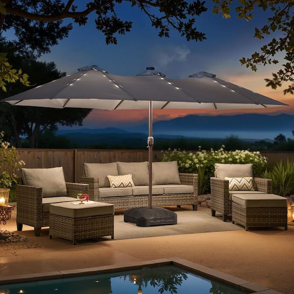 at home store patio umbrellas weaxty W Wisteria A 15 ft. Outdoor Market Solar LED Patio Umbrella, UV  Protection with Base in Gray QU-MISU400