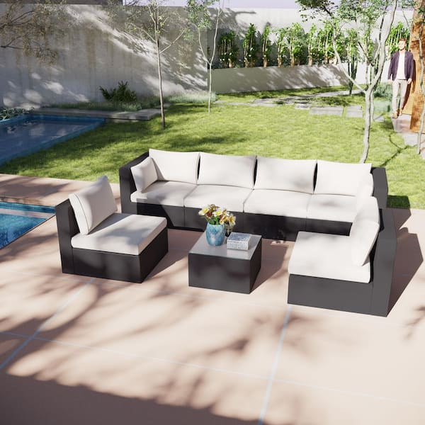 Runesay 7-Piece All Weather Wicker 6-Seat Outdoor Sectional Sofa Set Patio Furniture Set and Coffee Table with Beige Cushion
