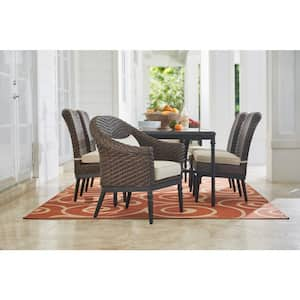 Camden 7-Piece Dark Brown Wicker Outdoor Patio Dining Set with Sunbrella Antique Beige & Fretwork Flax Cushions