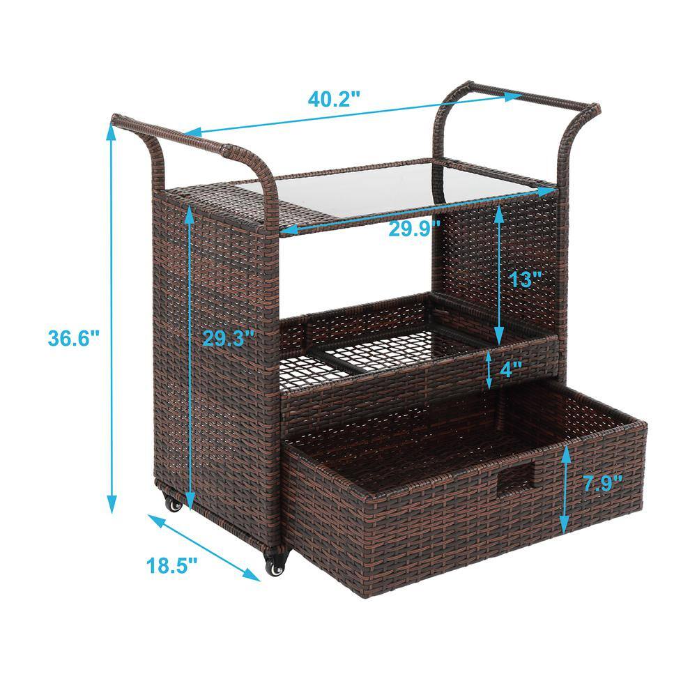 Multi-Brown Wicker and Iron Indoor Bar Cart with Storage