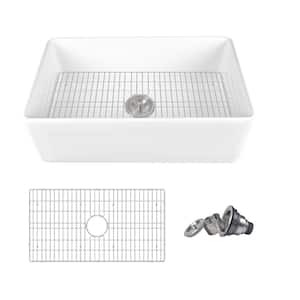 White Fireclay 33 in. L Rectangular Single Bowl Farmhouse Apron Kitchen Sink with Grid and Strainer