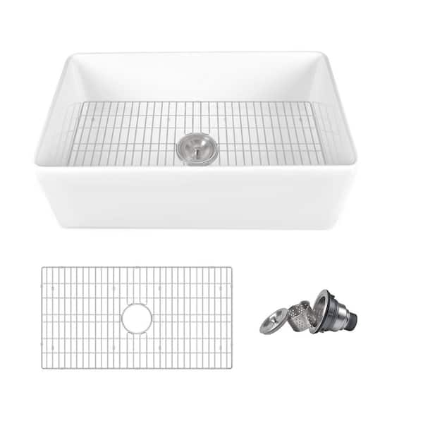 White Fireclay 33 in. L Rectangular Single Bowl Farmhouse Apron Kitchen Sink with Grid and Strainer