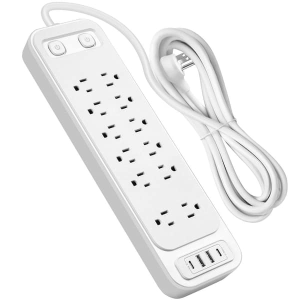 6 ft. White Power Strip Surge Protector with 12 Outlets and 4 USB Ports (2 USB-C) Overload Protection for Home or Office