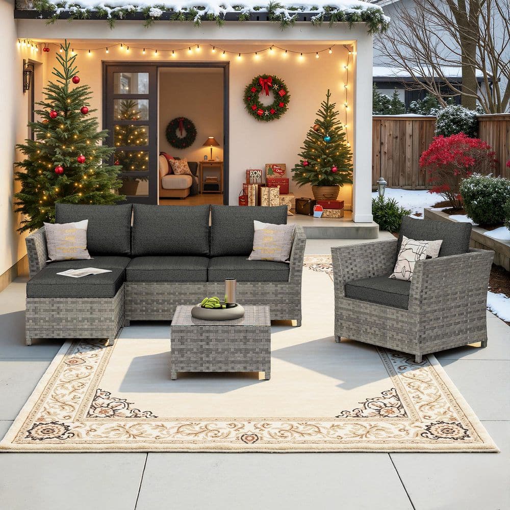 XIZZI Bella Gray 6-Piece Wicker Outdoor Sectional Set with Black