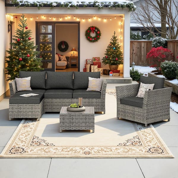 Bella Gray 6-Piece Wicker Outdoor Sectional Set with Black Cushions