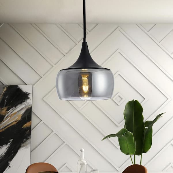 aiwen 11.8 in. 1-Light Black Island Pendant Light Fixture Farmhouse Ceiling Hanging Lighting with Gray Glass Shade