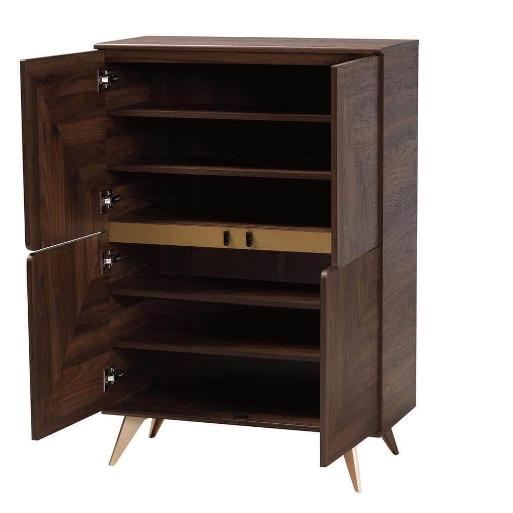 Graceland Walnut Wood Shoe Cabinet with Gold Legs
