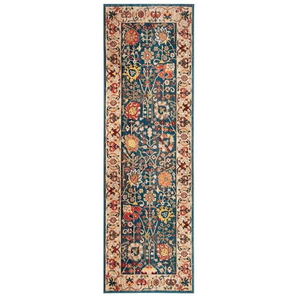 Kashan 3 ft. x 18 ft. Blue/Tan Floral Border Runner Rug