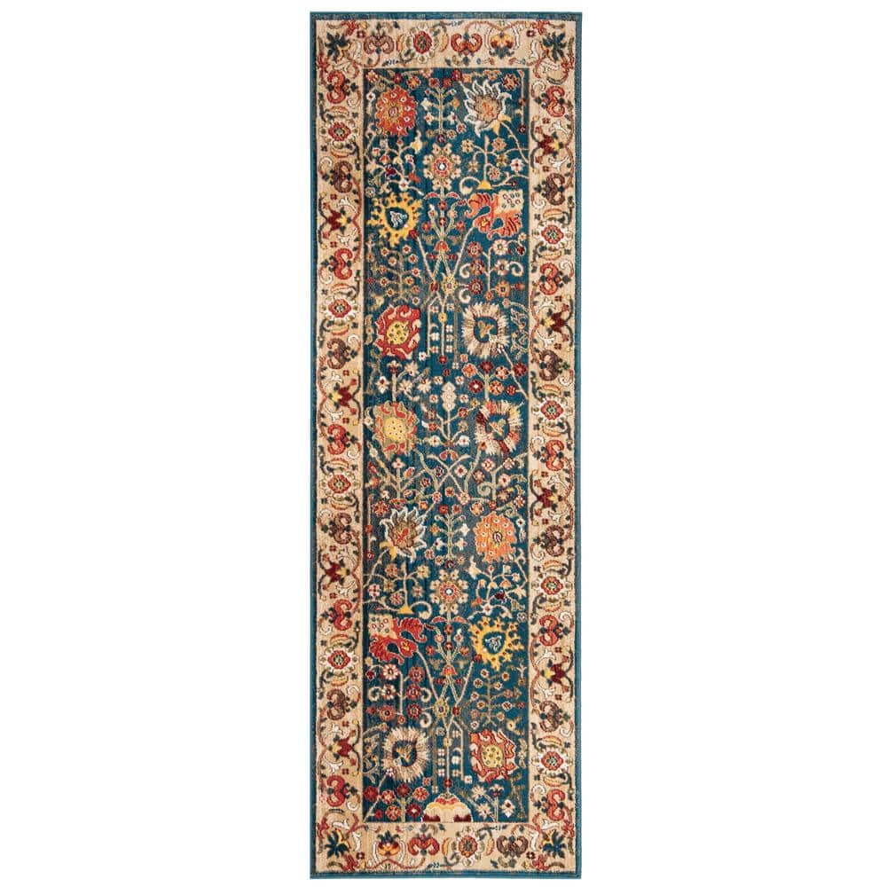 Blue and Tan Floral Synthetic Runner Rug, 2'6" x 8'