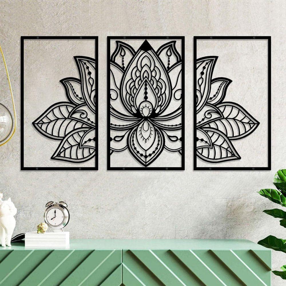 3-Pack Large Lotus Flower Series 22 in. x 13 in. Black Mandala