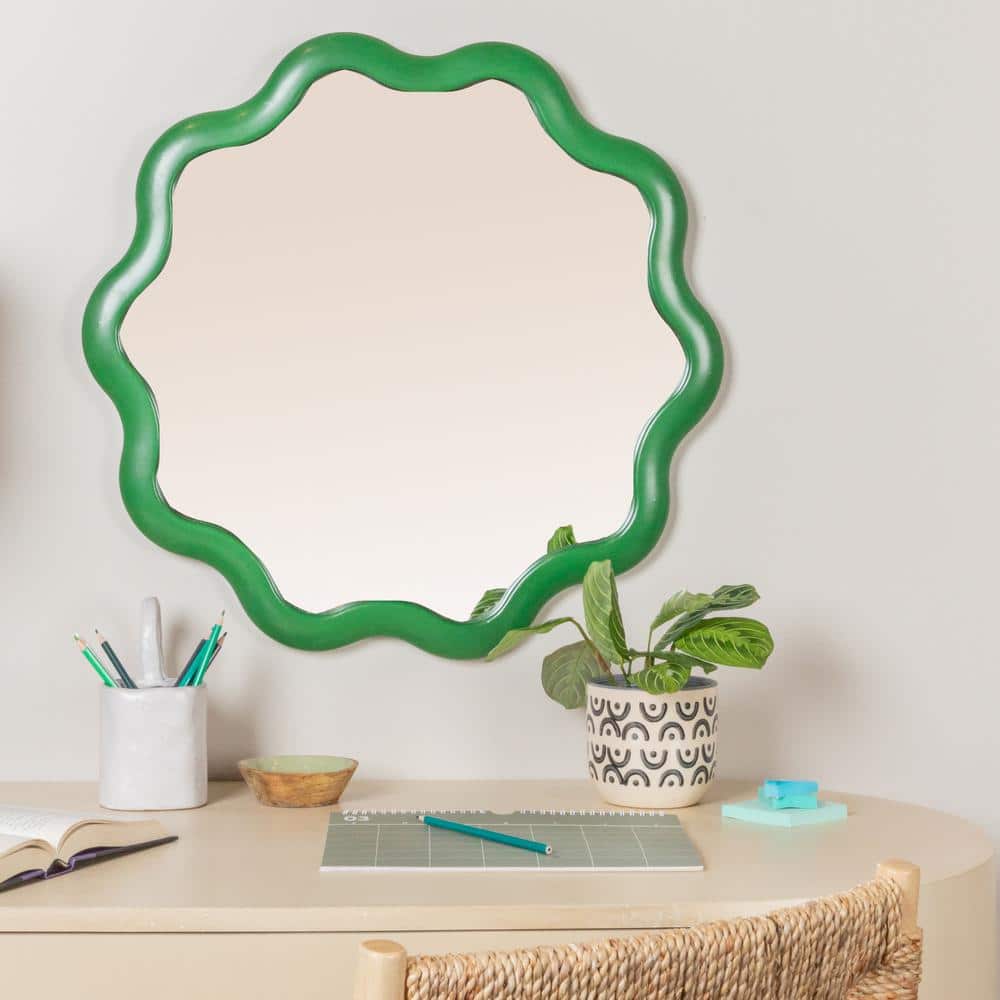 Round Green Scalloped Wood Wall Mirror