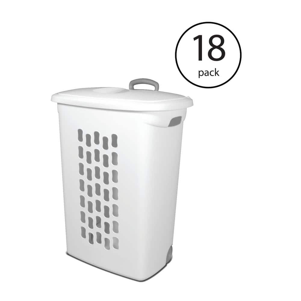 White Plastic Upright Laundry Hamper with Wheels and Lid