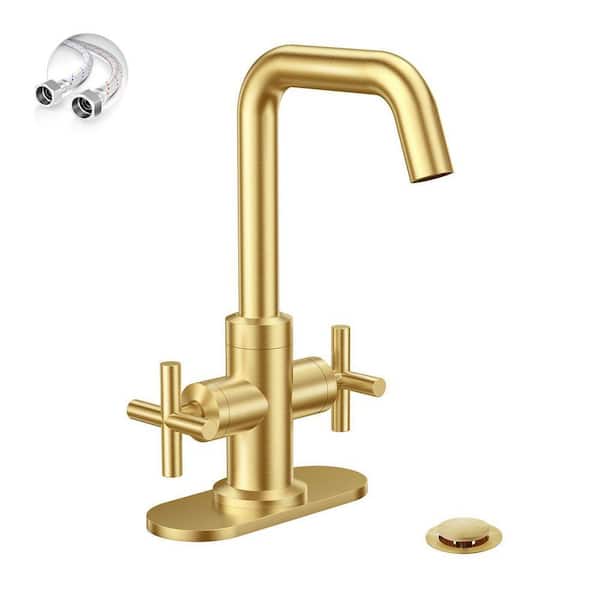 Brushed Gold 2-Handle 4 In Centerset Single Hole Bath Faucet with Drain,Deck Plate and Supply Hoses, Fit for 1 or 3 Hole