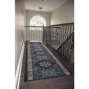 Antique Collection Series Medallion Navy Blue 35 in. x 24 ft. Your Choice Length Stair Runner