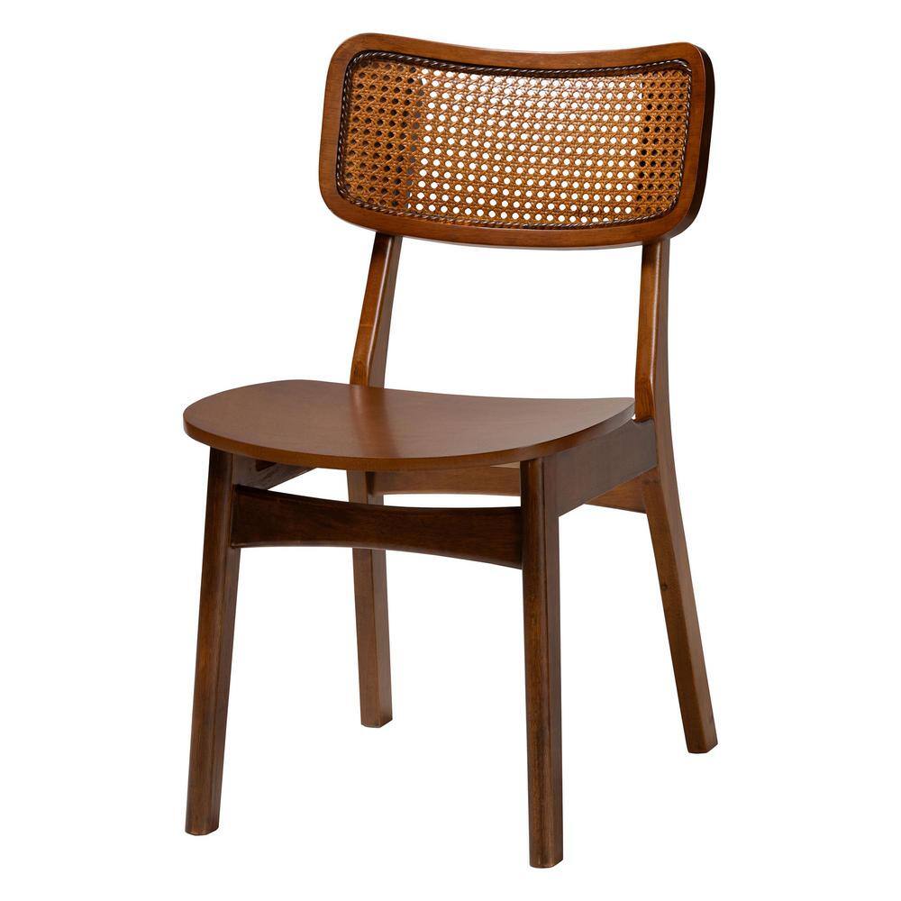 Mid-Century Walnut Brown Wood and Rattan 7-Piece Dining Set