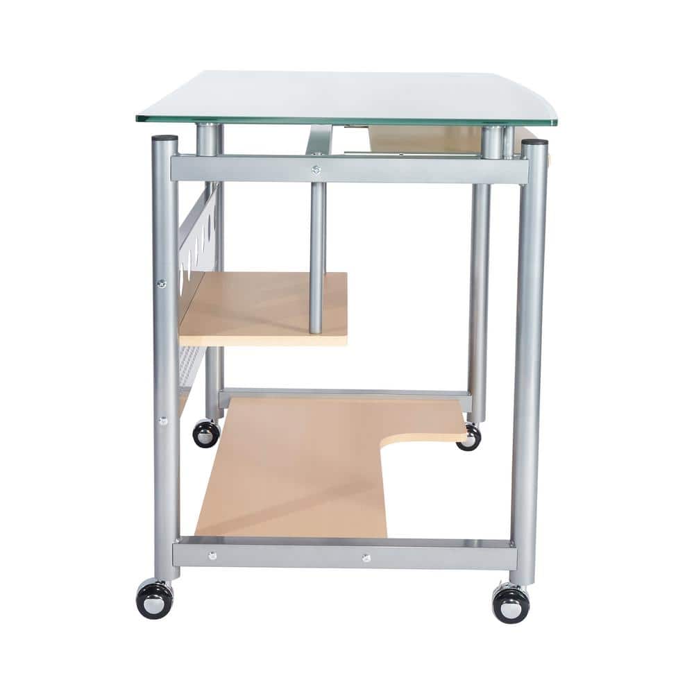 Frosted Glass and Silver Steel Rolling Computer Desk with Keyboard Tray