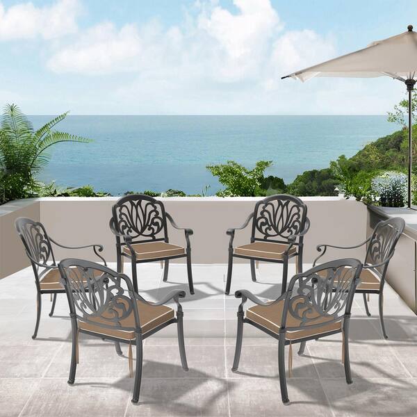 Willit Elizabeth Cast Aluminum Outdoor Dining Chairs with Black Frame and Random Color Cushions (6-Pieces)