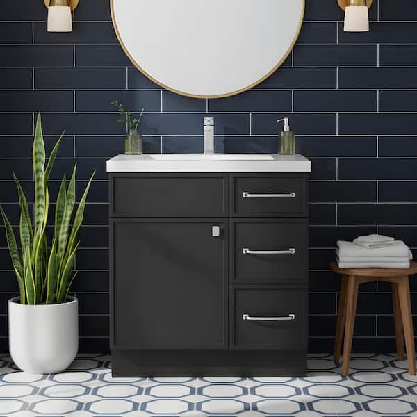 Cutler Kitchen and Bath Manhattan 30 in. W x 21 in. D x 36in. H S/Sink Freestanding Bath Vanity in Black with White Cultured Marble Top in White