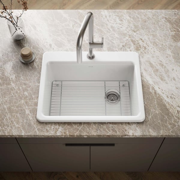 Riverby Drop-In Cast Iron 27 in. 1-Hole Single Bowl Kitchen Sink in White with Stainless Basin Rack