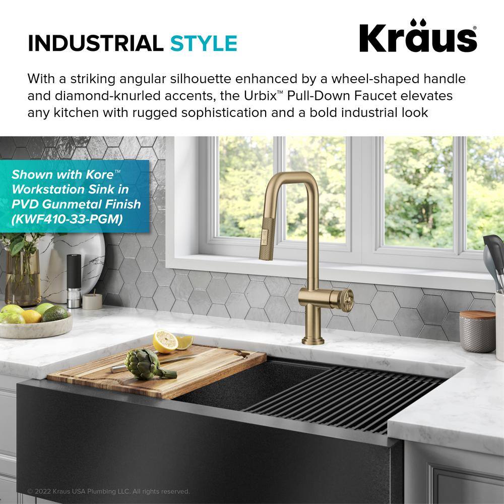 Brushed Gold Industrial Pull-Down Kitchen Faucet with Spray