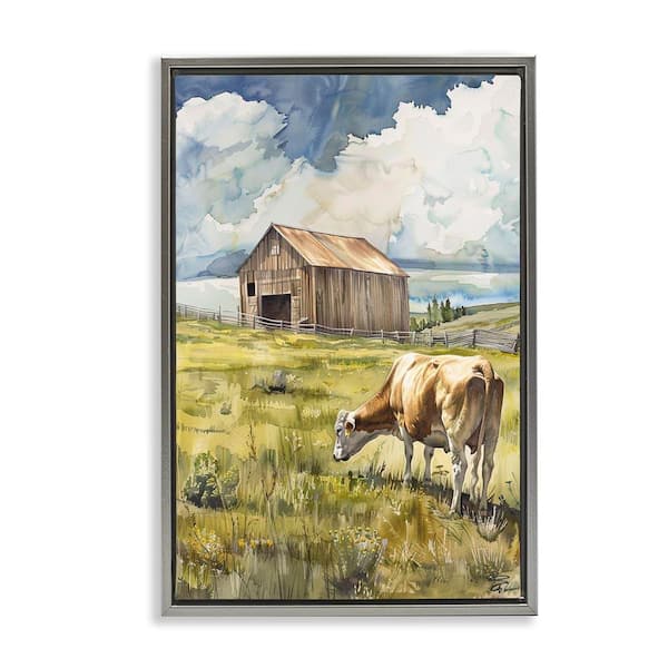 Stupell Industries Cow in Vast Field by Franklyn Gregory Gray Floater Frame Nature Graphic Art Print 31 in. x 21 in.