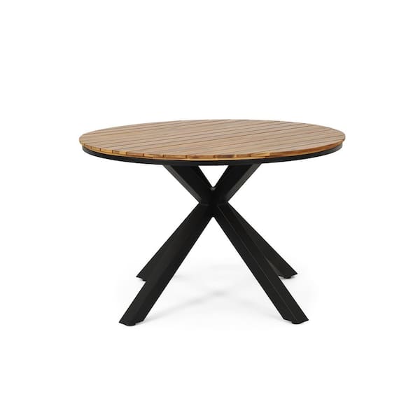 Unbranded Modern Industrial Design Teak Round Acacia Wood Outdoor Dining Table with Black Metal Leg, Assemly Required