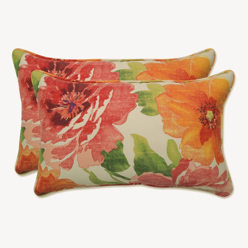 Bright Floral Green and Orange Rectangular Outdoor Throw Pillows Set
