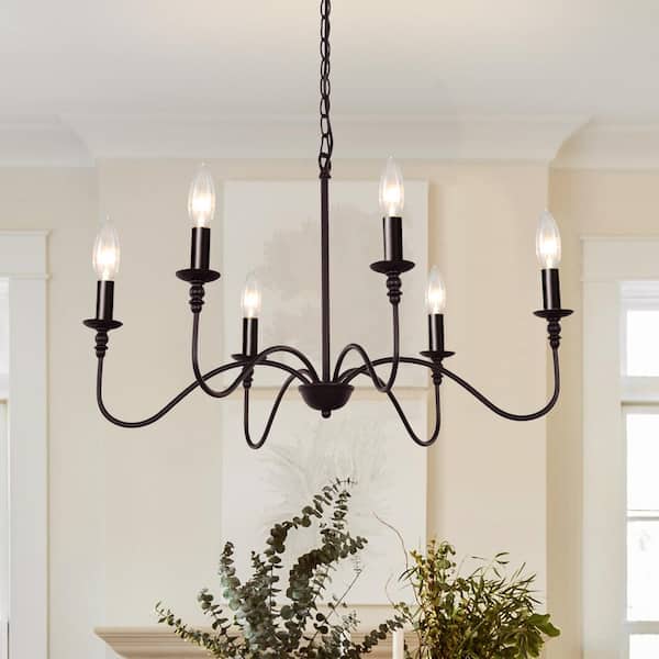 6-Light Black Modern Elegant Candle Chandelier for Bedroom Living Room Kitchen Island Entry