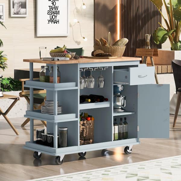 Zeus & Ruta Blue Rubber Wood Top 40 in. Kitchen Island Multipurpose Cart Cabinet with Side Storage Shelves 5-Wheels Wine Rack