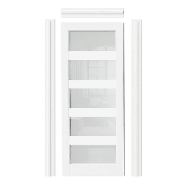32 in. x 80 in. 5-Panel Frosted Glass Prehung Interior Door Right-Handed MDF Wood White with Door Jamb and Hardware Kit