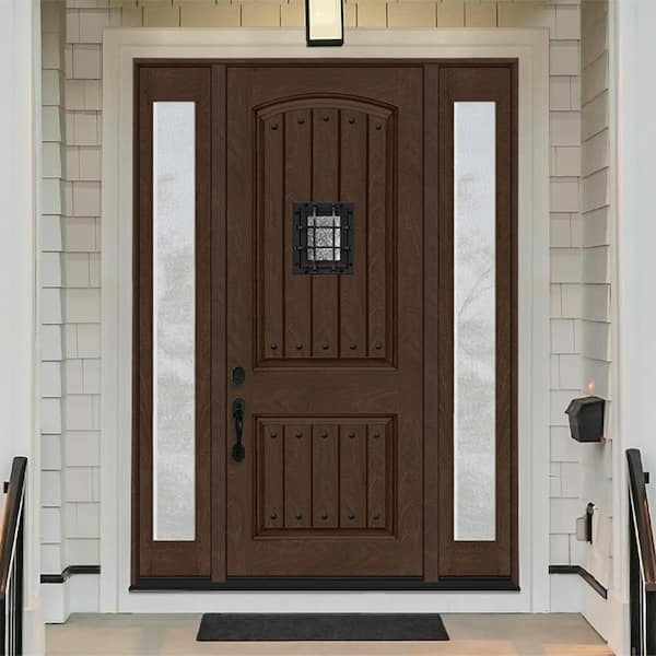Regency 68 in. x 96 in. 2P Plank Cavalier Speakeasy RHIS Hickory Stain Fiberglass Prehung Front Door w/Dbl 14in. Rain SL