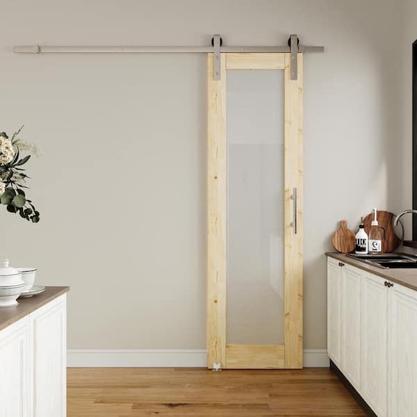 24 in. x 80 in. 1-Lite Frosted Glass Unfinished Solid Pine Wood Sliding Barn Door with Hardware Kit Nickel Plated