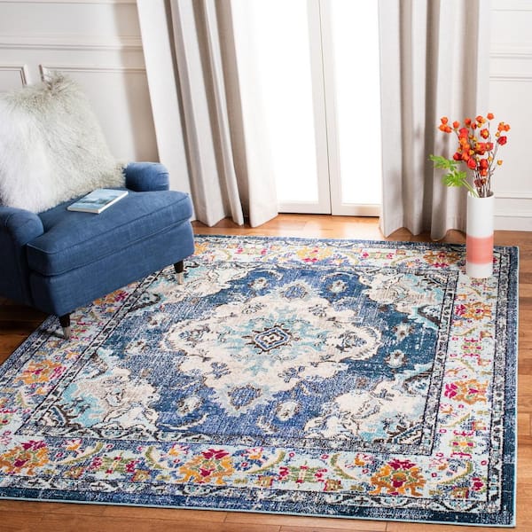 Monaco Navy/Light Blue 11 ft. x 11 ft. Distressed Border Medallion Square Area Rug
