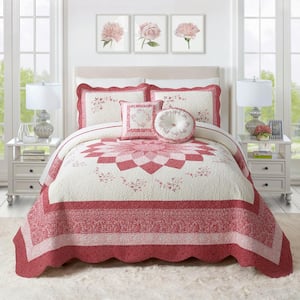 Caroline Red/Pink Floral Embroidered Queen Bedspread