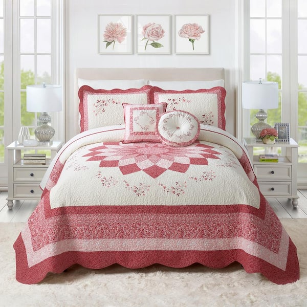 Modern Heirloom Caroline Red/Pink Floral Embroidered Full Bedspread