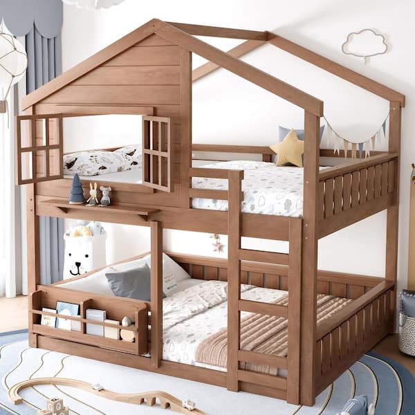 Brown/Natural Wood Full Wood Loft Bed with Bookshelf