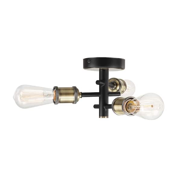 Globe Electric Shipka 10 in. 3-Light Matte Black Semi-Flush Mount with Antique Brass Accents