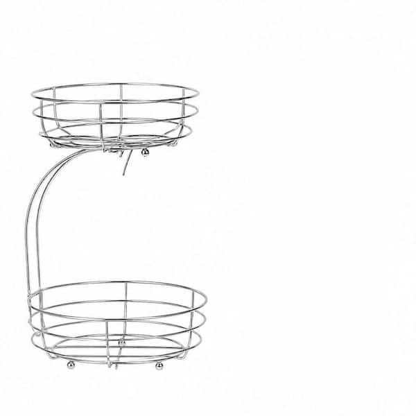 2-Tier Countertop Fruit and Vegetable Basket Bowl with Banana Hanger and Raised Feet, Chrome Finish