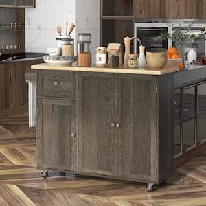 Triple-Cabinet Rolling Brown Rubber Wood Top 53 in. Kitchen Island with Adjustable Shelves