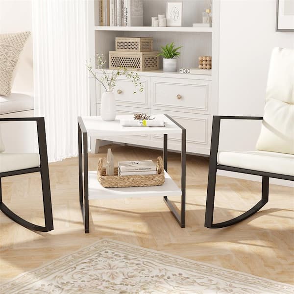 HONEY JOY 20 in. White Square Wood Top End Table with Adjustable Storage Shelf Sturdy Metal Frame Modern Nightstand