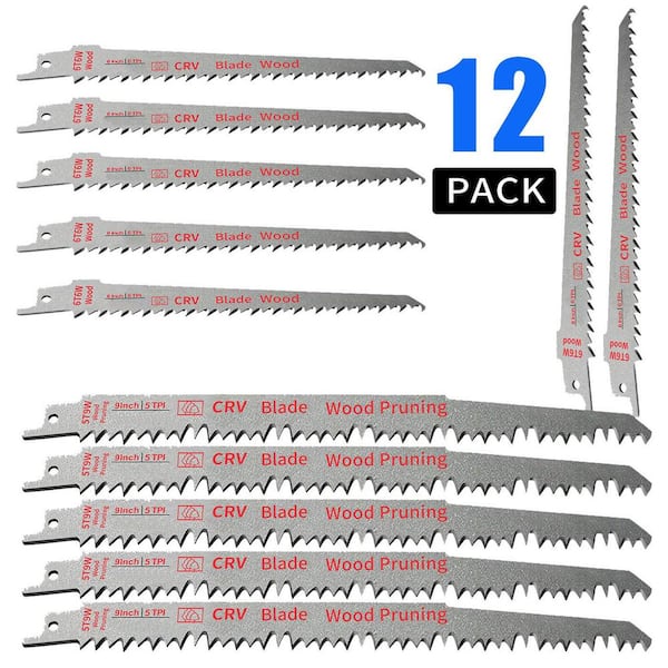 9 in. and 6 in. CRV Wood Pruning Saw Blades with Universal Handle for Reciprocating Saws (12-Pack)