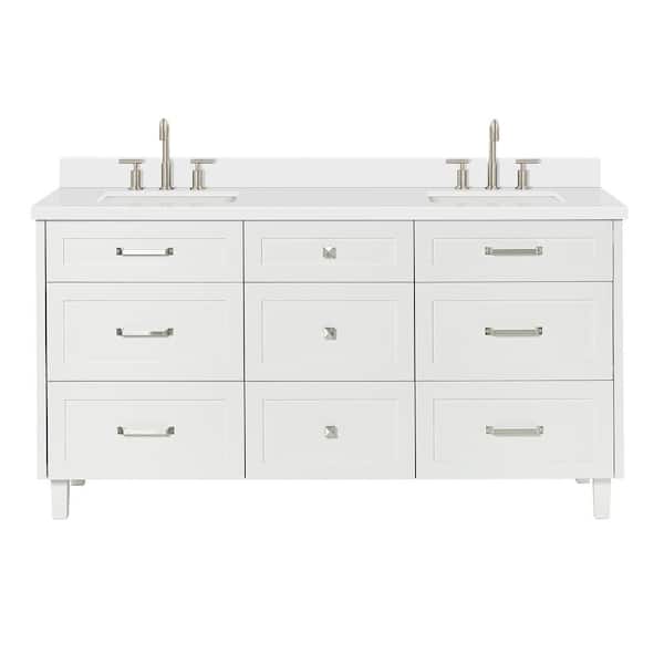 Monroe 66 in. Double Sink Freestanding Bathroom Vanity in White with Pure White Quartz Top