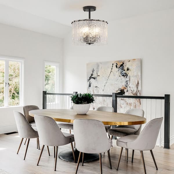 12.5 in. 4-Light Black Modern Semi-Flush Mount Ceiling Light with Glass Shade