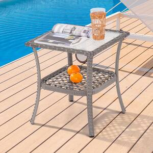 Outdoor Grey PE Rattan Side Table, Water-Corrugated Glass Tabletop Water-Proof for Indoor and Outdoor