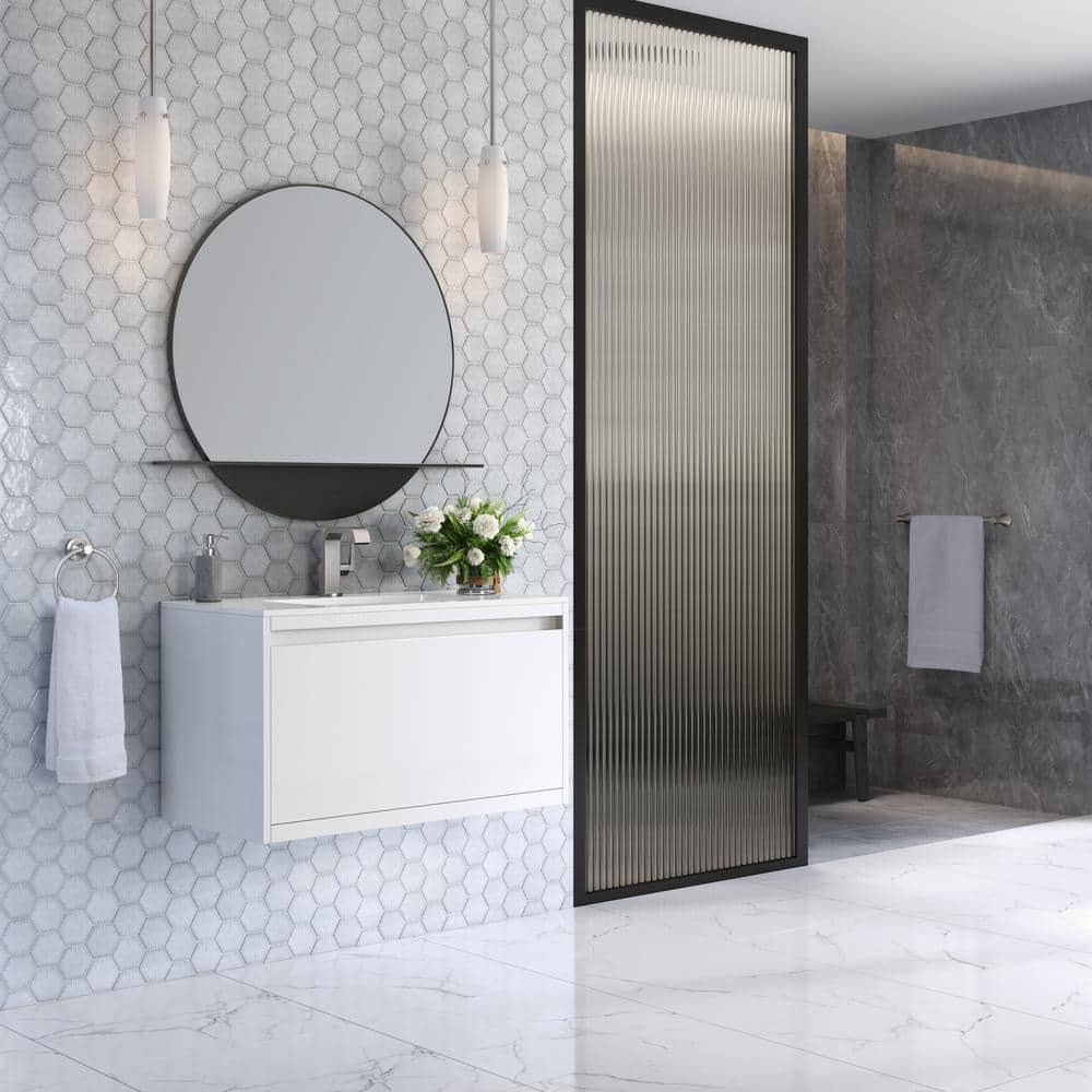 Glossy White 35.4" Wall-Mount Single Bathroom Vanity with Mineral Composite Sink