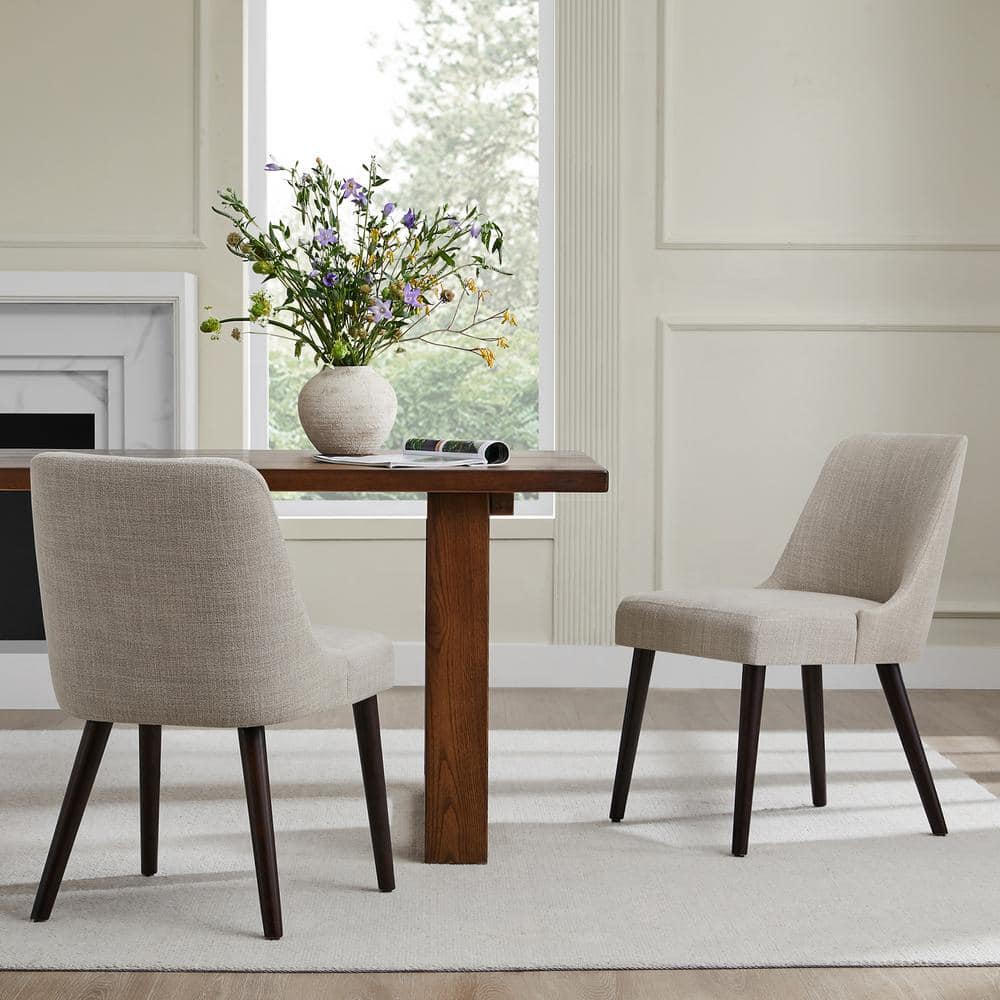Leo Cream Mid Century Modern Dining Chairs with Fabric Leather Seat and Wood Legs for Kitchen and Dining Room Set of 2
