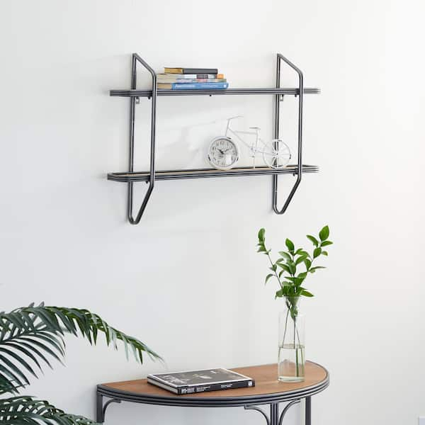 DANYA B 29 in. 2-Tier Black Ledge Wall Shelf Entryway or Bathroom Organizer  with Five Hanging Coat or Towel Hooks XF190712BK - The Home Depot