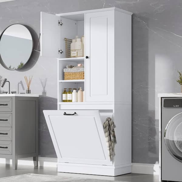 29.9 in. W x 14.2 in. D x 67.7 in. H White MDF Freestanding Linen Cabinet with Adjustable Shelf