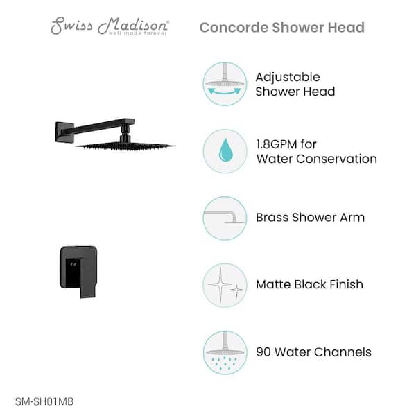 Concorde 1-Spray Patterns with 1.8 GPM Showerhead face diameter 8 in. Wall Mounted Fixed Shower Head in Matte Black